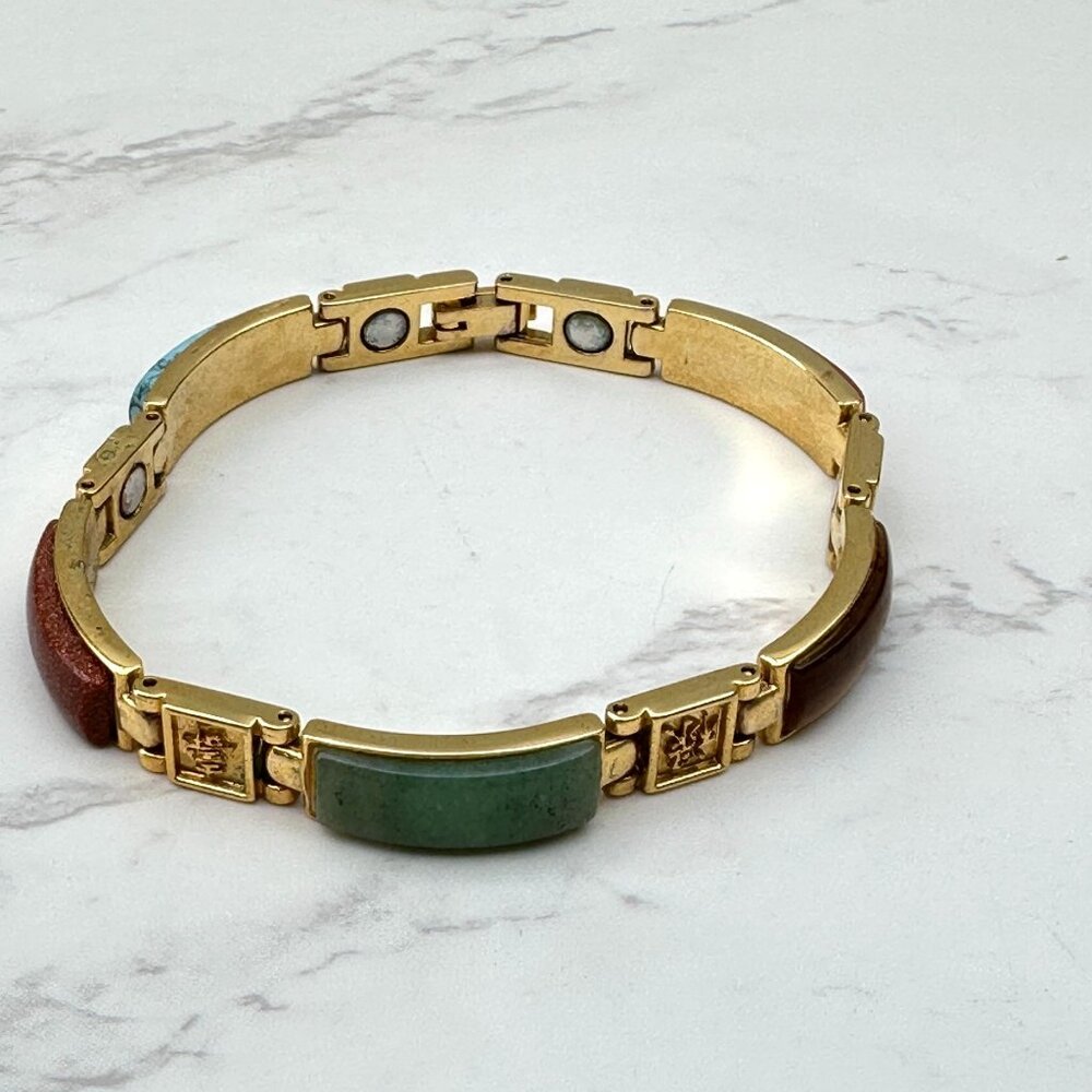 Chinese Style Magnetic Goodluck Bracelet 7" Long With Multicolor Gemstone Inlays - Picture 7 of 7